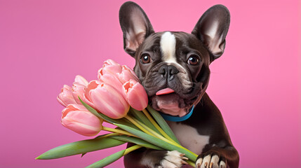 The dog holds a bouquet of flowers in its paws on a pink background. Spring card for Valentine's Day, Women's Day, Birthday, Wedding. ai generative - obrazy, fototapety, plakaty