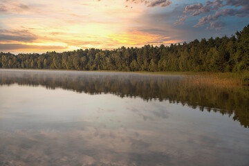View over sunrise White Lake. Rivne region, Ukraine.