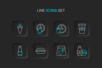 Set line Online ordering food, meal, Lunch box, Sauce bottle, Coffee cup to go, Round the clock delivery, and Ice cream waffle icon. Vector