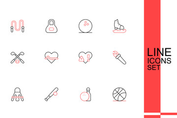 Set line Basketball ball, Bowling pin and, Baseball bat with, Badminton shuttlecock, Torch flame, Heart rate, and Ice hockey sticks puck icon. Vector