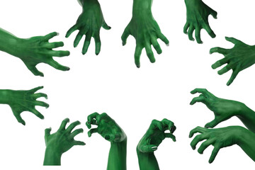 Many painted hands, in the style of Halloween.