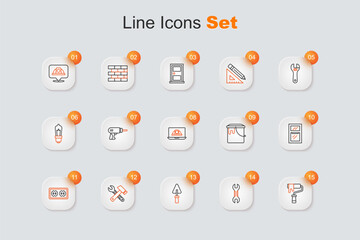 Set line Paint roller brush, Wrench spanner, Trowel, Window room, Electrical outlet, Hammer and wrench, bucket and Worker safety helmet icon. Vector