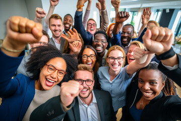 Fototapeta premium Unified Strength: Diverse Group of Coworkers Raising Hands in a Vibrant Team-Building Exercise