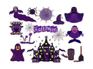 Halloween, set of items, holiday decoration, castle, ghosts