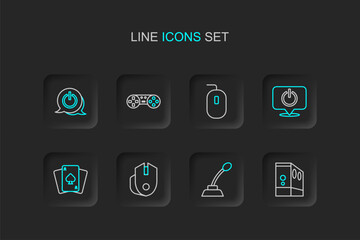 Set line Case of computer, Microphone, Computer mouse, Playing cards, Power button, Game controller or joystick and icon. Vector