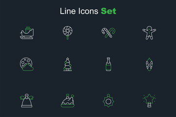 Set line Christmas star, toy, Roasted turkey or chicken, Angel, Champagne bottle, tree and night icon. Vector