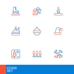 Set line Candy, Christmas lights, postcard, Santa Claus hat, Roasted turkey or chicken, ball, Burning candle and mittens icon. Vector