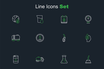 Set line Canister for motor machine oil, Oil petrol test tube, Tanker truck, Barrel, drop with dollar symbol, Gasoline pump nozzle, Motor gas gauge and railway cistern icon. Vector