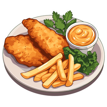 Illustration of fish and chips fried chicken fillet with french fries and mayonnaise