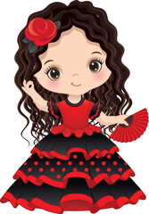 Vector Cartoon Image of Little Girl Dancing Flamenco