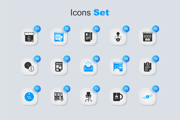 Set Cup of tea, News, Advertising, Discount percent tag, Money exchange, Contract money, Calendar and Envelope icon. Vector