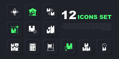 Set Carton cardboard box, Cardboard with clock, Package fragile content, measurement, Calculator, Warehouse check and interior boxes icon. Vector