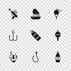 Set Fishing hook, float, Bottle of vodka, Aqualung, harpoon, Yacht sailboat and icon. Vector