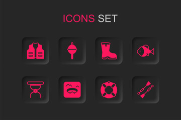 Set Winter fishing, Fishing float, jacket, Lifebuoy, Oars or paddles boat, boots and Camping folding chair icon. Vector