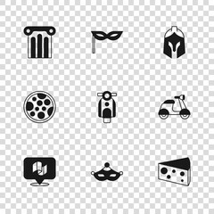 Set Carnival mask, Scooter, Cheese, Roman army helmet, Ancient column, and Pizza icon. Vector