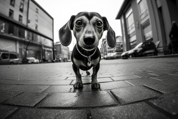 close up cute dog on the street - obrazy, fototapety, plakaty