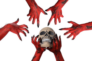 Many painted hands, in the style of Halloween.