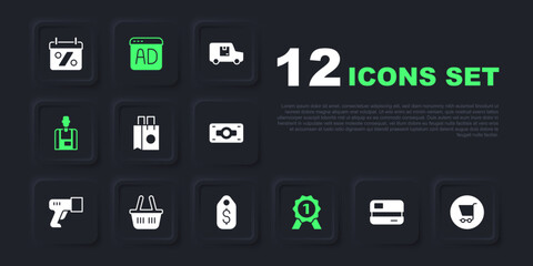 Set Credit card, Shopping cart, Paper shopping bag, Medal, Seller, basket, Advertising and Price tag with dollar icon. Vector