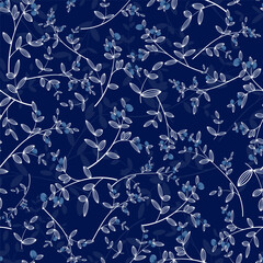Branches with leaves and berries in a seamless pattern on a blue background.