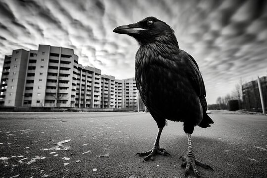 black and white close up image of a crow on the street