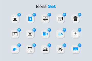 Set Graduation cap in speech bubble, laptop, Audio book, Online, class, education and Electronic with mouse icon. Vector