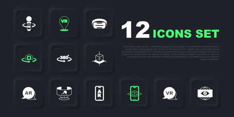 Set Virtual reality, Big brother electronic eye, 360 degree view, 3d modeling, and Augmented AR icon. Vector