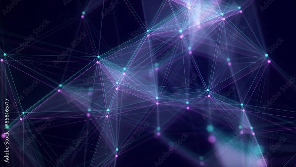 Poster Colored network connection structure with glitch effect. Science background. Abstract digital background. Big data visualization. 3d rendering.