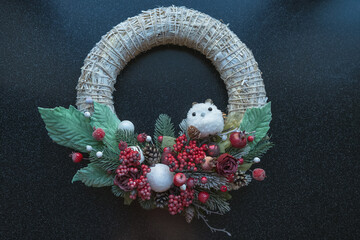 view from above on christmas wreath with cute owl - Powered by Adobe