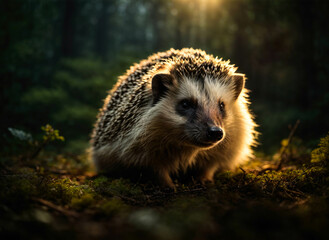 hedgehog Portrait. The hedgehog captured in a close-up shot while the forest forms the background. The forest rich with towering trees, lush vegetation.