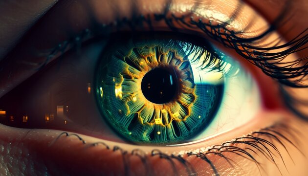 Mesmerizing Blue Eye Close-Up with Captivating Blue Iris and Detailed Eyelashes, Macro Photography, Copy Space