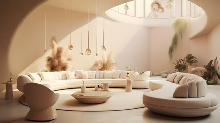 Modern living room interior with white sofas and candles