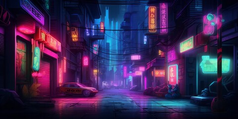 Naklejka premium Neon-lit Night in the City: Festive Decorations, Snowfall, and Magical Atmosphere