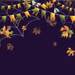 Fototapeta na wymiar Garlands with flags in green and orange with falling autumn leaves, cobwebs. Watercolor hand drawn illustration for Halloween, Thanksgiving, Harvest Festival. Template, frame on a dark background