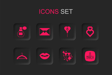 Set Smiling lips, Envelope with 8 March, Perfume, Diamond, Heart, Balloons and Hanger wardrobe icon. Vector