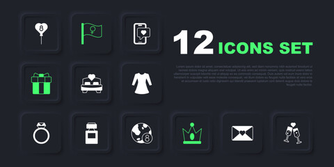 Set Envelope with 8 March, Glass of champagne, Bedroom, King crown, Gift box and heart, Perfume, Feminist activist and International Women Day icon. Vector