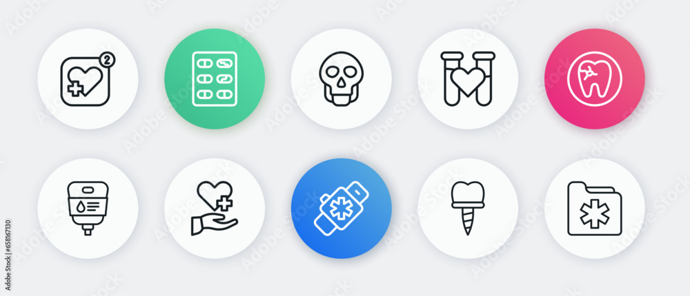 Sticker set line smart watch with heart, tooth caries, iv bag, dental implant, test tube blood, skull, medic