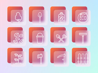 Fototapeta premium Set line Eco healthy food, Wooden axe, Shovel and rake, Scythe, Bucket, Spray against insects, Fruit tree and icon. Vector