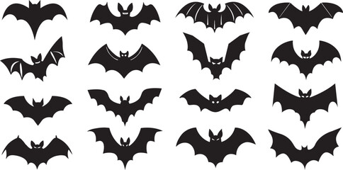 Bats black flat silhouette vector. Bat icons set. Vector illustration