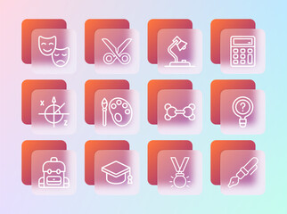 Set line Calculator, Graduation cap, Molecule, Medal, Paint brush with palette, Table lamp, Comedy and tragedy masks and Scissors icon. Vector