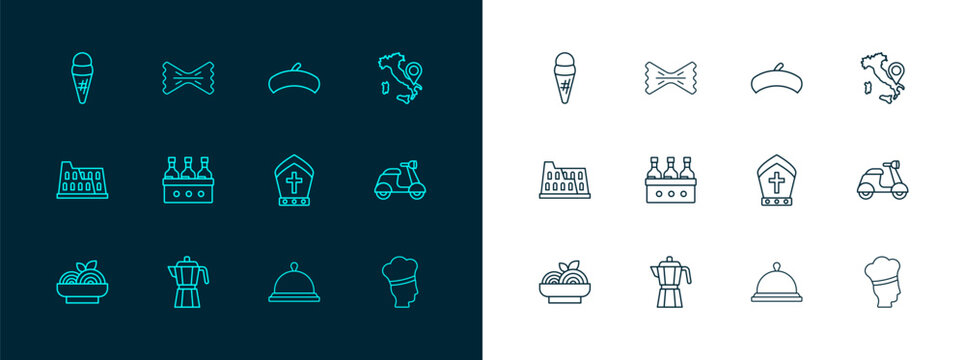 Set line Map of Italy, Coffee maker moca pot, Pope hat, Covered with tray food, Bottles wine, French beret, Ice cream waffle and Macaroni icon. Vector