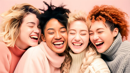 Group with four girls of multiracial on pink background with trendy hairstyles and smile on face