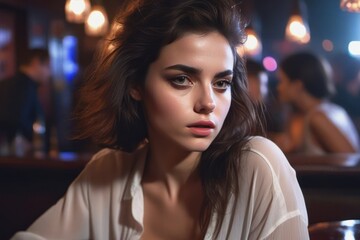 Pretty drunk sad girl at the bar. Concept of alcoholism. Generative AI