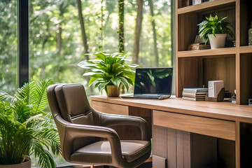 Fototapeta premium Comfortable workplace in home interior with fresh green house plants and green eco garden outside the window