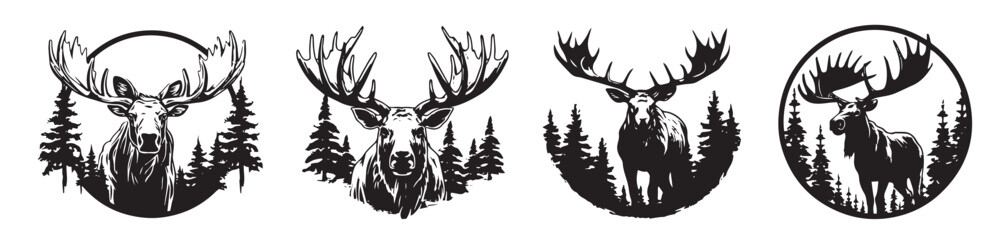 Moose in forest, silhouette Vector illustration laser cutting cnc