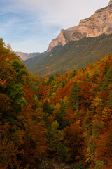 Mountains of Ordesa National Park in full autumn color explosion.