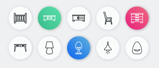 Set line Armchair, Chest of drawers, Office desk, Lamp hanging, Chair, TV table stand, Pouf and Table lamp icon. Vector