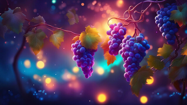 Bunch of purple grapes hanging from vine.