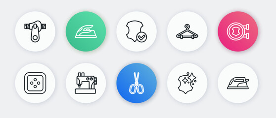 Set line Scissors, Leather, Sewing button for clothes, Hanger wardrobe, Electric iron and machine icon. Vector