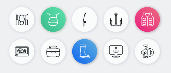 Set line Fishing boots, jacket, finder echo sounder, hook, rod, Spinning reel for fishing and Case box equipment icon. Vector