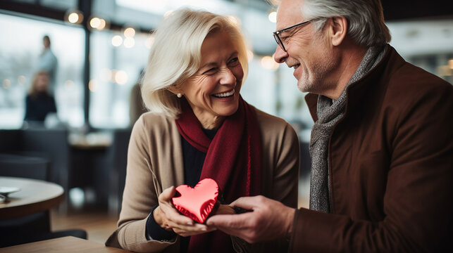 A mature husband offers his wife a heart-shaped box, making a romantic gift in the concept of Valentine's Day.Generative AI